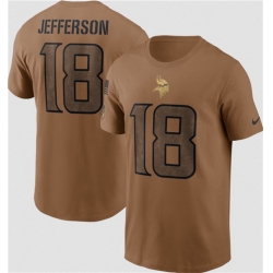 Men Minnesota Vikings 18 Justin Jefferson 2023 Brown Salute To Service Name Number T Shirt