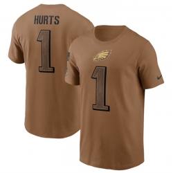 Men Philadelphia Eagles 1 Jalen Hurts 2023 Brown Salute To Service Name Number T Shirt