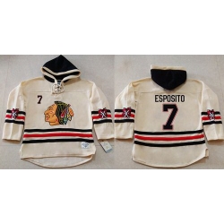 Men Chicago Blackhawks 7 Tony Esposito Cream Heavyweight Pullover Hoodie Stitched NHL Jersey