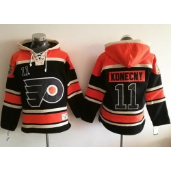 Men Philadelphia Flyers 11 Travis Konecny Black Sawyer Hooded Sweatshirt Stitched NHL Jersey