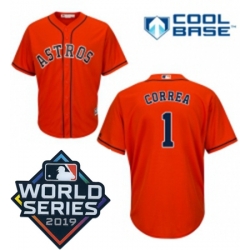 Mens Majestic Houston Astros 1 Carlos Correa Replica Orange Alternate Cool Base Sitched 2019 World Series Patch Jersey