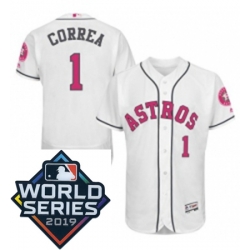 Mens Majestic Houston Astros 1 Carlos Correa Replica White 2016 Mothers Day Cool Base Sitched 2019 World Series Patch Jersey