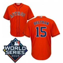 Mens Majestic Houston Astros 15 Carlos Beltran Replica Orange Alternate Cool Base Sitched 2019 World Series Patch Jersey