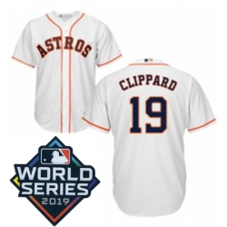 Mens Majestic Houston Astros 19 Tyler Clippard Replica White Home Cool Base Sitched 2019 World Series Patch jersey