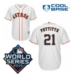 Mens Majestic Houston Astros 21 Andy Pettitte Replica White Home Cool Base Sitched 2019 World Series Patch Jersey