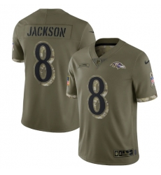 Men Baltimore Ravens 8 Lamar Jackson Olive 2022 Salute To Service Limited Stitched Jersey