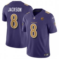 Men Baltimore Ravens 8 Lamar Jackson Purple 2023 F U S E  With John Madden Patch Color Rush Limited Stitched Football Jersey