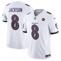 Men Baltimore Ravens 8 Lamar Jackson White 2023 F U S E  With John Madden Patch Vapor Limited Football Jersey