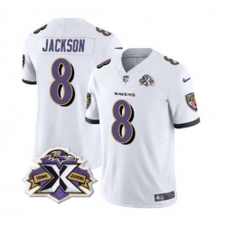 Men Baltimore Ravens 8 Lamar Jackson White 2023 F U S E With Patch Throwback Vapor Limited Jersey