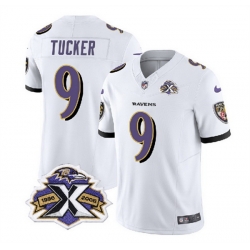 Men Baltimore Ravens 9 Justin Tucker White 2023 F U S E With Patch Throwback Vapor Limited Jersey