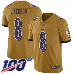 Ravens #8 Lamar Jackson Gold Youth Stitched Football Limited Inverted Legend 100th Season Jersey