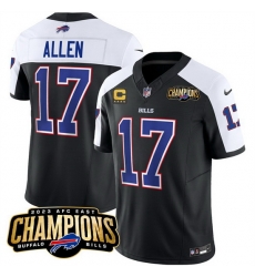 Men Buffalo Bills 17 Josh Allen Black White 2023 F U S E  AFC East Champions With 4 Star C Ptach Stitched Football Jersey