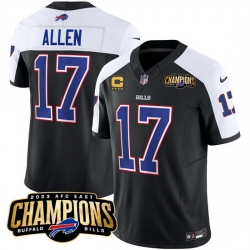 Men Buffalo Bills 17 Josh Allen Black White 2023 F U S E  AFC East Champions With 4 Star C Ptach Stitched Football Jersey