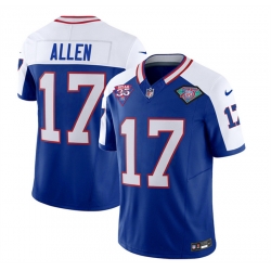 Men Buffalo Bills 17 Josh Allen Blue White 35th And 75th Patch 2023 F U S E  Throwback Vapor Untouchable Limited Stitched Jersey