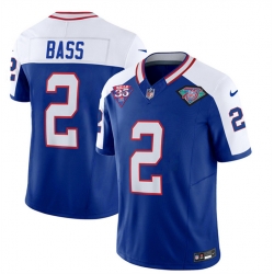 Men Buffalo Bills 2 Tyler Bass Blue White 2023 F U S E  35th And 75th Patch Throwback Vapor Untouchable Limited Stitched Jersey