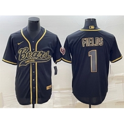 Men Chicago Bears 1 Justin Fields Black Gold With Patch Cool Base Stitched Baseball Jersey