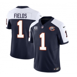 Men Chicago Bears 1 Justin Fields Navy White 2023 F U S E  With 1 Star C PatchThrowback Limited Stitched Football Jersey