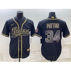 Men Chicago Bears 34 Walter Payton Black Gold With Patch Cool Base Stitched Baseball Jersey