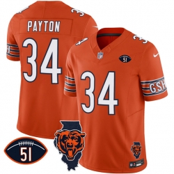 Men Chicago Bears 34 Walter Payton Orange F U S E  With Illinois And No  51 Patch Stitched Football Jersey