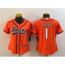 Women Chicago Bears 1 Justin Fields Orange With Patch Cool Base Stitched Baseball Jersey