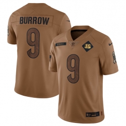 Men Cincinnati Bengals 9 Joe Burrow 2023 Brown Salute To Service Limited Stitched Jersey