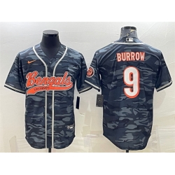 Men Cincinnati Bengals 9 Joe Burrow Grey Camo With Patch Cool Base Stitched Baseball Jersey