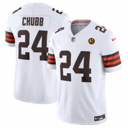 Men Cleveland Browns 24 Nick Chubb White 2023 F U S E  With John Madden Patch Vapor Limited Stitched Football Jersey