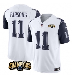 Men Dallas Cowboys 11 Micah Parsons White Navy 2023 F U S E  NFC East Champions Patch Stitched Football Jersey