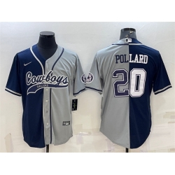 Men Dallas Cowboys 20 Tony Pollard Navy Grey Split With Patch Cool Base Stitched Baseball Jersey