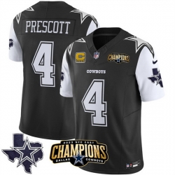 Men Dallas Cowboys 4 Dak Prescott Black White 2023 F U S E  NFC East Champions With 4 Star C Ptach Stitched Football Jersey