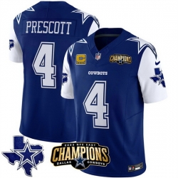 Men Dallas Cowboys 4 Dak Prescott Blue White 2023 F U S E  NFC East Champions With 4 Star C Ptach Stitched Football Jersey