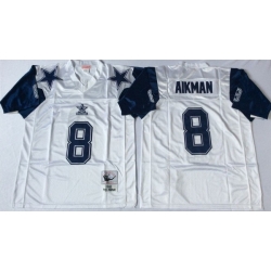 Men Dallas Cowboys 8 Troy Aikman White M&N Throwback Jersey