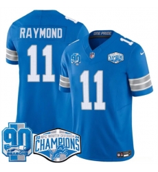 Men Detroit Lions 11 Kalif Raymond Blue 2024 NFC North Champions 90th Anniversary Patch F U S E  Vapor Limited Stitched Jersey