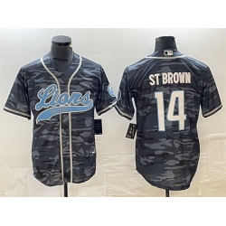Men Detroit Lions 14 Amon Ra St  Brown Grey Camo Cool Base Stitched Baseball Jersey