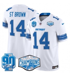 Men Detroit Lions 14 Amon Ra St  Brown White 2024 NFC North Champions 90th Anniversary Patch F U S E  Vapor Limited Stitched Jersey