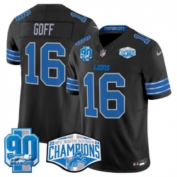 Men Detroit Lions 16 Jared Goff Black 2024 NFC North Champions 90th Anniversary Patch F U S E  Vapor Limited Stitched Jersey