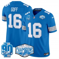 Men Detroit Lions 16 Jared Goff Blue 2024 NFC North Champions 90th Anniversary Patch F U S E  Vapor Limited Stitched Jersey