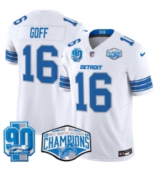 Men Detroit Lions 16 Jared Goff White 2024 NFC North Champions 90th Anniversary Patch F U S E  Vapor Limited Stitched Jersey