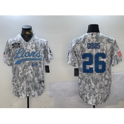 Men Detroit Lions 26 Jahmyr Gibbs 2024 Arctic Camo Salute To Service Stitched Baseball Jersey 1