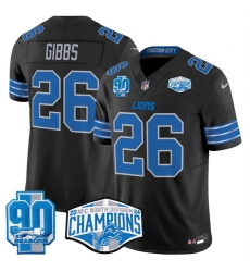 Men Detroit Lions 26 Jahmyr Gibbs Black 2024 NFC North Champions 90th Anniversary Patch F U S E  Vapor Limited Stitched Jersey