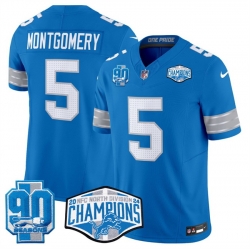 Men Detroit Lions 5 David Montgomery Blue 2024 NFC North Champions 90th Anniversary Patch F U S E  Vapor Limited Stitched Jersey