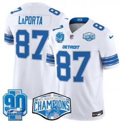 Men Detroit Lions 87 Sam LaPorta White 2024 NFC North Champions 90th Anniversary Patch F U S E  Vapor Limited Stitched Jersey