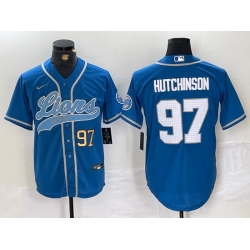 Men Detroit Lions 97 Aidan Hutchinson Blue Cool Base Stitched Baseball Jersey 1