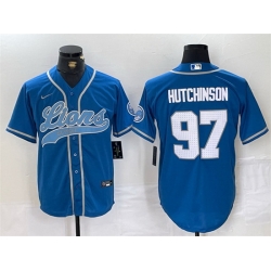 Men Detroit Lions 97 Aidan Hutchinson Blue Cool Base Stitched Baseball Jersey