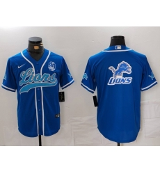 Men Detroit Lions Team Big Logo Blue With 90th Anniversary Patch Cool Base Stitched Baseball Jersey