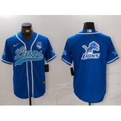 Men Detroit Lions Team Big Logo Blue With 90th Anniversary Patch Cool Base Stitched Baseball Jersey