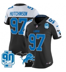 Women Detroit Lions 97 Aidan Hutchinson Black White 2024 F U S E Michigan Patch  26 90th Year Patch Vapor Limited Stitched Jersey 