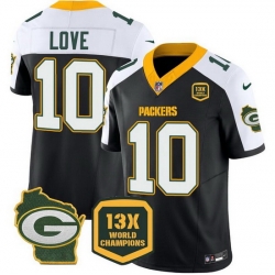 Men Green Bay Packers 10 Jordan Love Black White 2023 F U S E  Home Patch 13 Time World Champions Vapor Untouchable Limited Stitched Jersey