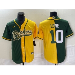 Men Green Bay Packers 10 Jordan Love Green Gold Split Cool Base Stitched Baseball Jersey