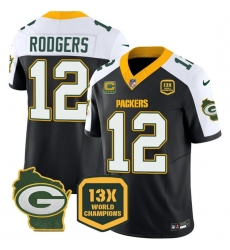 Men Green Bay Packers 12 Aaron Rodgers Black White 2023 F U S E  Home Patch With 4 Star C Patch 13 Time World Champions Vapor Untouchable Limited Stitched 